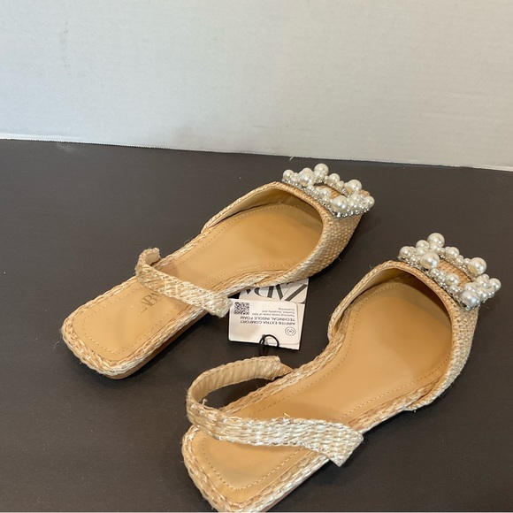 ZARA NWT beige raffia flats with pearl and rhinestone detail 2531/910 size 5 - Picture 8 of 12